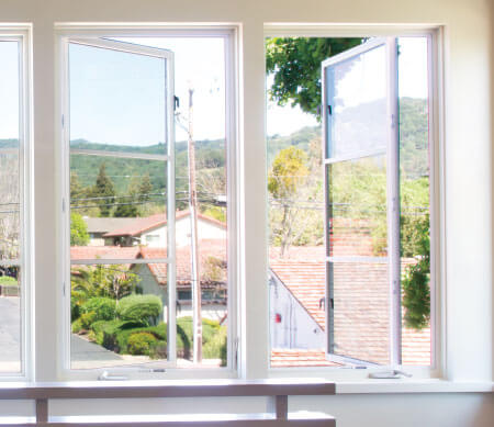 VistaLuxe Collection crank-out casement windows with white hardware and PDL bars.